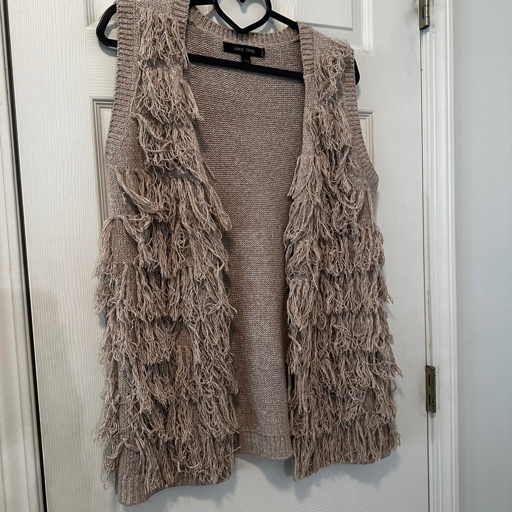 Love Tree Beige Boho Fringe Knit Vest‎ Cardigan Open Front Women's Small - Picture 2 of 6